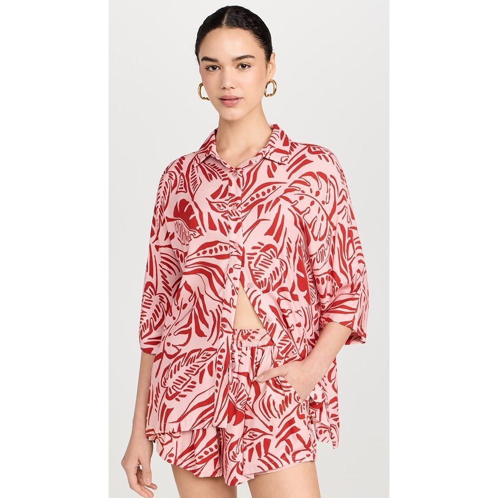 Seven Wonders Short Set‎ Women Large Pink Red Tropical Leaf Button Down Shorts